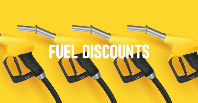 Filling gun. gas refueling nozzle 3d render, yellow gadgets in line for fuel discount campaign on bright yellow backdrop
