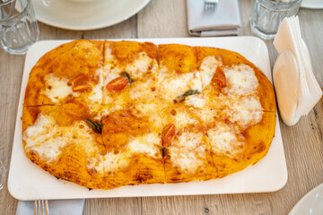 big Italian pizza with cheese and tomatoes. simple and delicious dishes for every day and for the holiday. homemade recipes. catering 