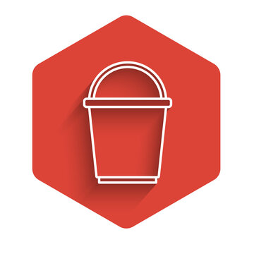 recommend clip art: White line Bucket icon isolated with long shadow. Red hexagon button. Vector
