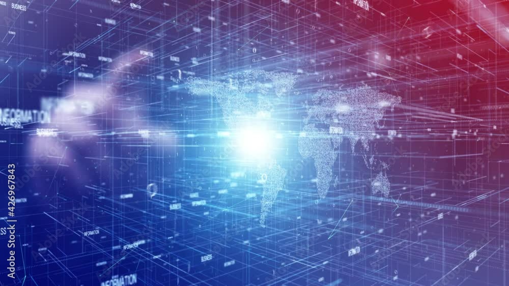 Poster futuristic technology person typing on hologram. multicolor with world map and numbers. digital netw