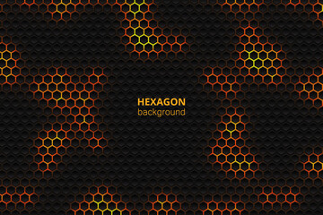 Tech hexagonal vector background. Yellow bright energy blinks under the hexagon in dark tech modern futuristic illustration. Black grid honeycomb texture.