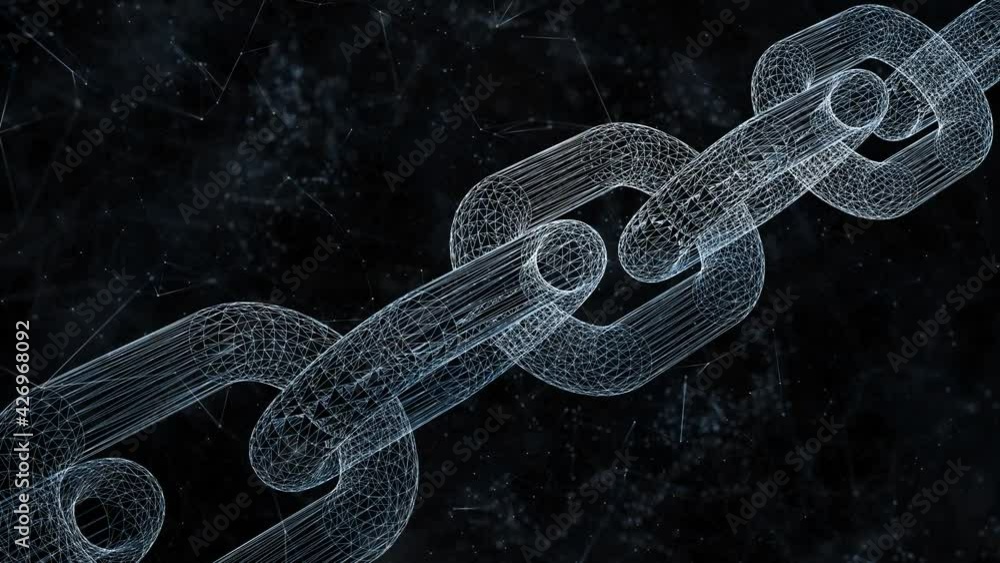 Poster abstract 3d digital chain formation on artistic lines and dots motion background.