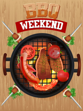 Barbecue Party Vector Flyer Or Poster Design Template On Grunge Wood. BBQ Cookout Event Retro Typography With Kebab, Vegetables. Season Weekend Flyer. For Invitation, Outdoor Party. Easy To Edit