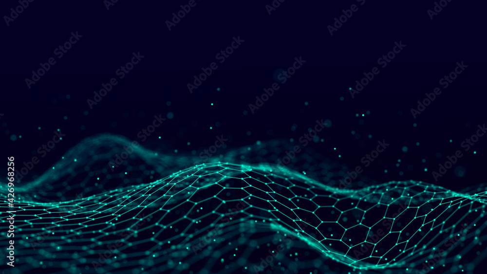 Fototapete The structure of connecting to the network of moving points. Information flow of particles. Digital background. 3D rendering.