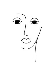 Modern abstract line minimalistic woman face. Simple stylized portrait with beautiful full lips and open eyes. Black contours isolated on a white background. Modern design for icon, card. Vector. 