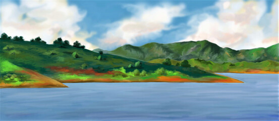 Obraz na płótnie Canvas Digital illustration of landscape with lake and mountains