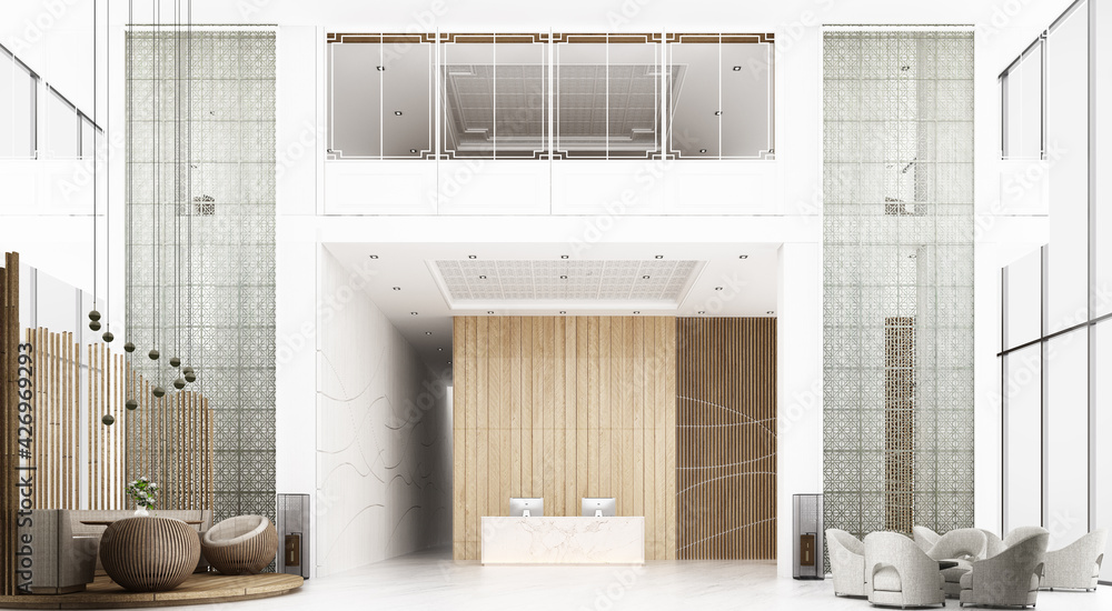 Poster reception hall in hotel the ceiling is high with mezzanine view, there is a waiting area. decorate c