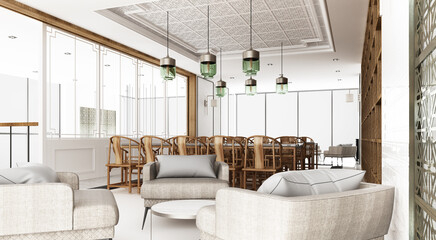Dining area and waiting area. Decorate Chinese style and pattern using wood and marble materials and gray armchair and wooden chinese chair. 3d rendering