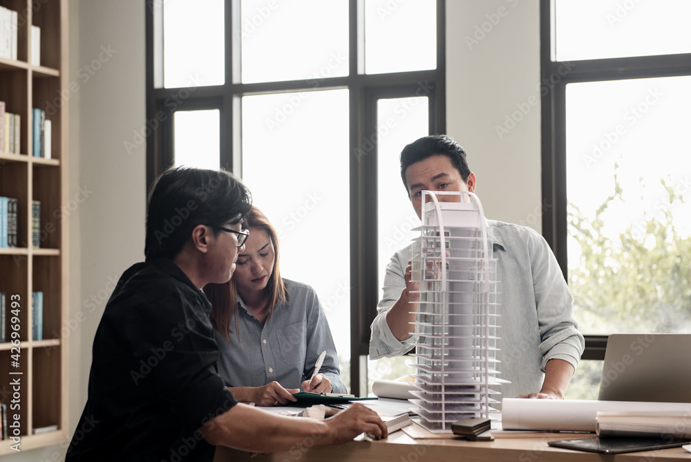 Poster heads of each department meeting together between construction engineers or architect and sales. bra