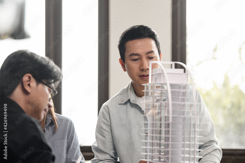 Poster heads of each department meeting together between construction engineers or architect and sales. bra