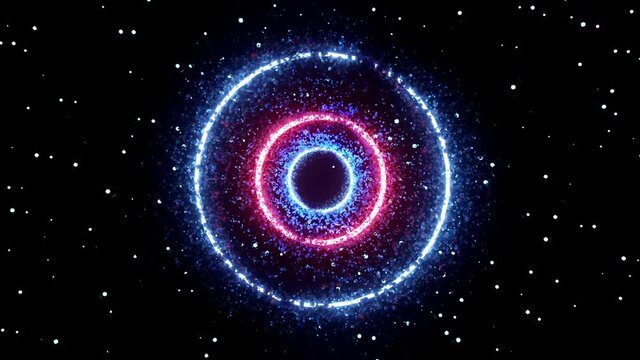 4K video animation of abstract sci-fi neon circular structures emitting its energy all over the space. Blue and Pink color neon round object moving seamless loop motion background.
