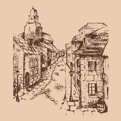 Sketch of an old street with a brick road and lanterns. Detailed freehand drawing of houses, outline separated from the background. Vector illustration.