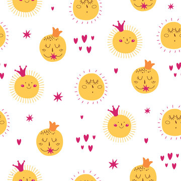 Kids sun pattern. Cute smiling sun character. Pink crown, hearts. Girly sunny seamless pattern.