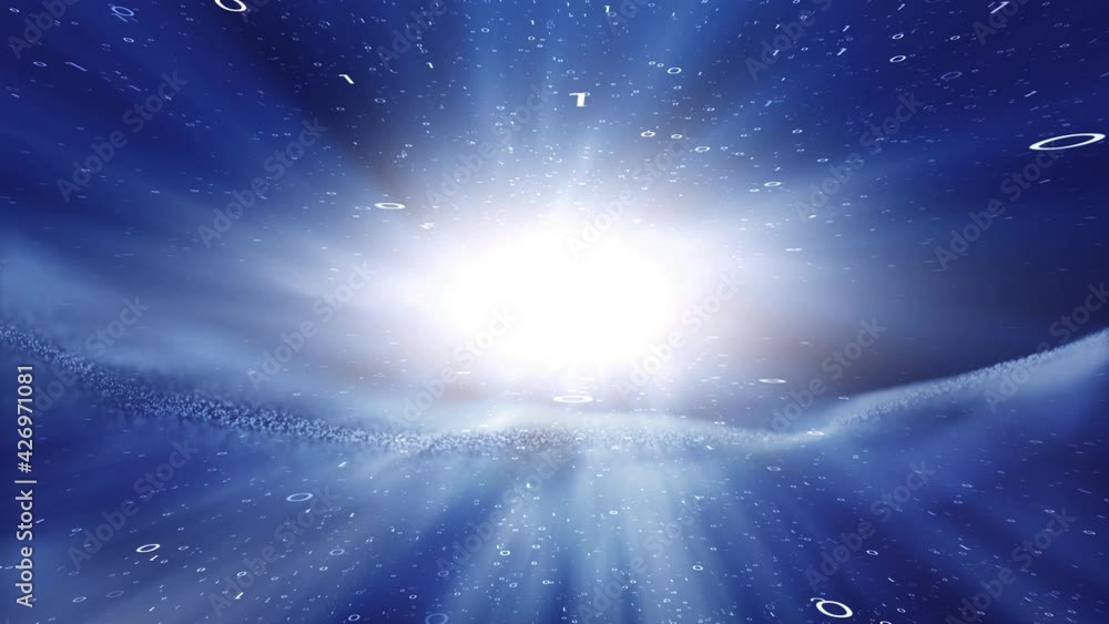 Poster bright light in ocean blue cyberspace with binary numbers. copy space.