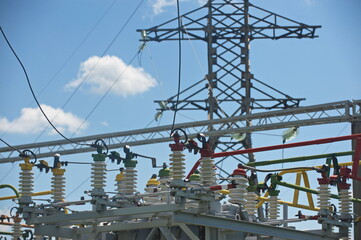 Nur-Sultan, Kazakhstan - 05.28.2015 : High-voltage power lines with insulators, stabilizers and...