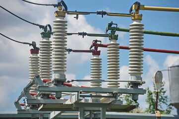 Nur-Sultan, Kazakhstan - 05.28.2015 : High-voltage power lines with insulators, stabilizers and transformers.