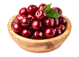 wooden bowl of sweet cherry fruits isolated on white background