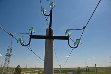 Nur-Sultan, Kazakhstan - 05.28.2015 : High-voltage power lines with insulators, stabilizers and...