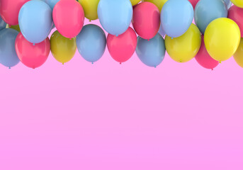 A vivid illustration of pastel colored balloons on a pink glamorous background. 3D Render