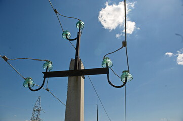 Nur-Sultan, Kazakhstan - 05.28.2015 : High-voltage power lines with insulators, stabilizers and transformers.