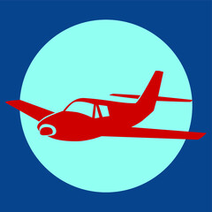 Flat style airplane icon in red color isolated on blue background