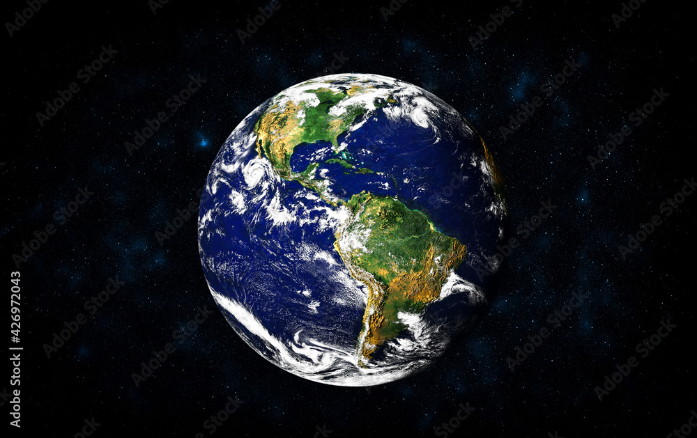 Poster planet earth globe view from space showing realistic earth surface and world map as in outer space p