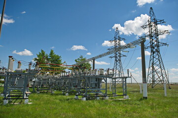 Nur-Sultan, Kazakhstan - 05.28.2015 : High-voltage power lines with insulators, stabilizers and...