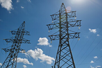 Nur-Sultan, Kazakhstan - 05.28.2015 : High-voltage power lines with insulators, stabilizers and...