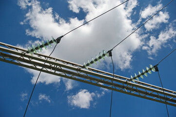 Fototapeta premium Nur-Sultan, Kazakhstan - 05.28.2015 : High-voltage power lines with insulators, stabilizers and transformers.