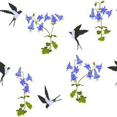 Seamless vector illustration with aquilegia and swallows on a white background.