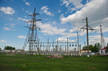 Nur-Sultan, Kazakhstan - 05.28.2015 : High-voltage power lines with insulators, stabilizers and...