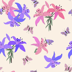 Delicate lilies and butterflies on a beige background. Vector illustration, seamless.