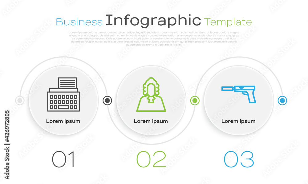 Sticker set line retro typewriter, judge and pistol or gun with silencer. business infographic template. vec