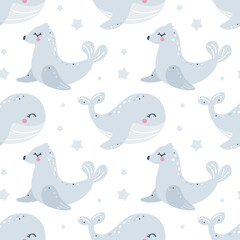 Childish seamless pattern with seals and whales.
