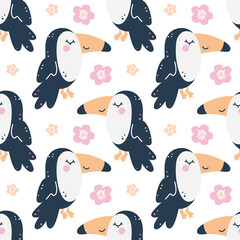 Childish seamless pattern with toucans and flowers.