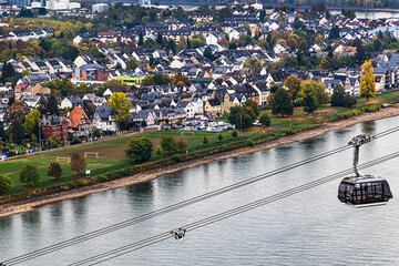 Panoramic view of Koblenz and Cable car across Rheine River, Deutsches Eck, Fortress...