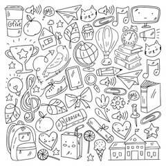 Vector pattern with items for school. Books, rainbow, globe. Online education.