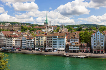 The embankment of the city of the river Limmat. Zurich, Switzerland