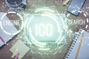 Double exposure of blockchain theme hologram over table with phone. Top view. Crypto technology concept.