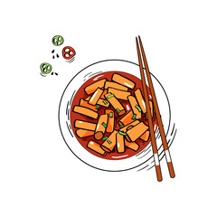 Traditional Korean food - rice cakes tteokbokki in spicy sauce on isolated white background