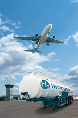 Airplane and hydrogen tank trailer on the background of airport. Clean mobility concept