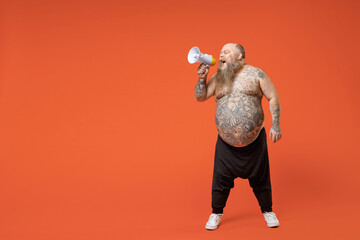 Full length fun fat leader pudge obese chubby overweight tattooed bearded big belly man wearing...
