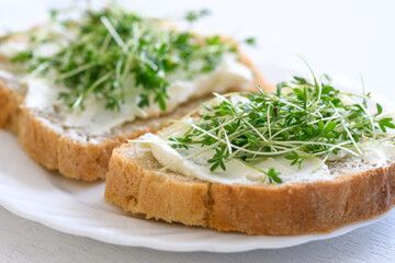 The idea for the simple and healthy breakfast - sandwiches with fresh home wholemeal bread with cottage cheese and Cress in close-up