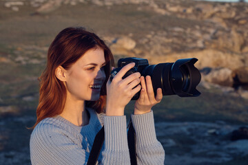 cheerful woman outdoors photographer landscape travel professional