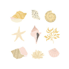Marine life objects in pastel colors.  Nature under water. Flat design, vector illustration