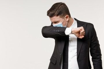 Young employee business corporate lawyer man in classic black suit tie sterile face mask from...