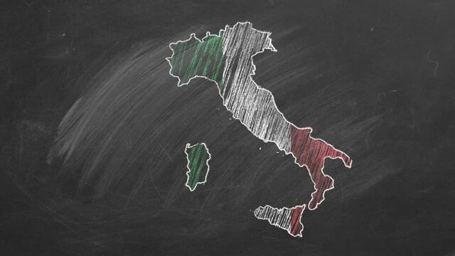 Italy. Chalk drawn and animated map with flag.