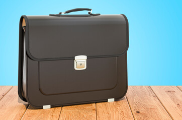 Black leather briefcase on the wooden planks, 3D rendering