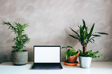 Workstation with laptop with blank screen in home or office with green tropical plants on white desk and gray concrete wall