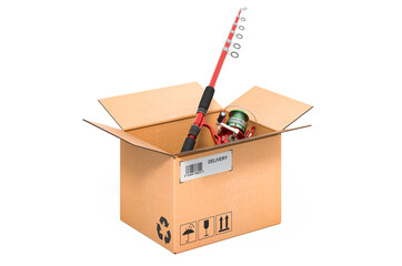 Fishing rod inside cardboard box, delivery concept. 3D rendering